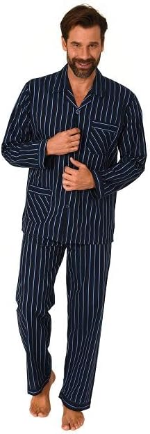 Normann Men's Woven Pyjamas, Striped Button Down Pajamas, Black